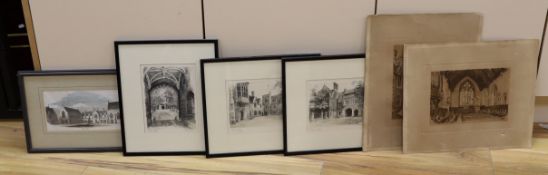 Anthony Hill (1930-2020), three etchings, Views of Brighton College, 16 x 21cm, with four other