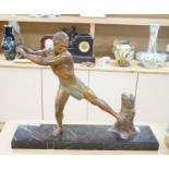 An Art Deco patinated spelter figure of a woodcutter, signed G Hervore, 75cm long**CONDITION