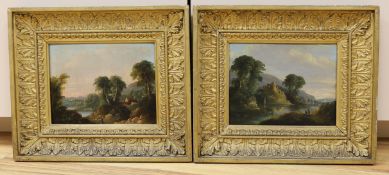 J. Williams, Liverpool (19th C.), pair of oils on wooden panels, Landscapes with travellers and
