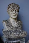 A reconstituted stone bust of a Roman emperor on fluted ionic column, height 172cm**CONDITION