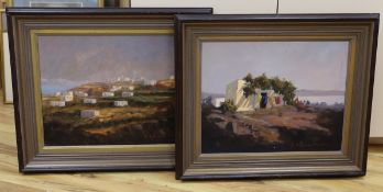 Takis Moraitis (Contemporary Greek), pair of oils on canvas, Mediterranean landscapes, signed, 39