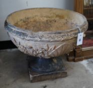 A J M Blashfield Coadestone circular garden urn with acanthus and shell moulded body, diameter 52cm,