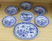 A selection of severn 18th century Chinese export blue and white dishes, largest 35cm wide**