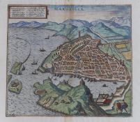 Georg Braun and Frans Hogenberg, coloured engraving, Map of Marseilles, from 'Civitates Orbis