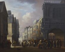 John Tucker (19th C.), oil on canvas, Street scene with numerous figures, inscribed verso and