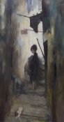 Robin Hayter, oil on canvas, Urchins in an alleyway, signed, label verso inscribed Care of R.A.