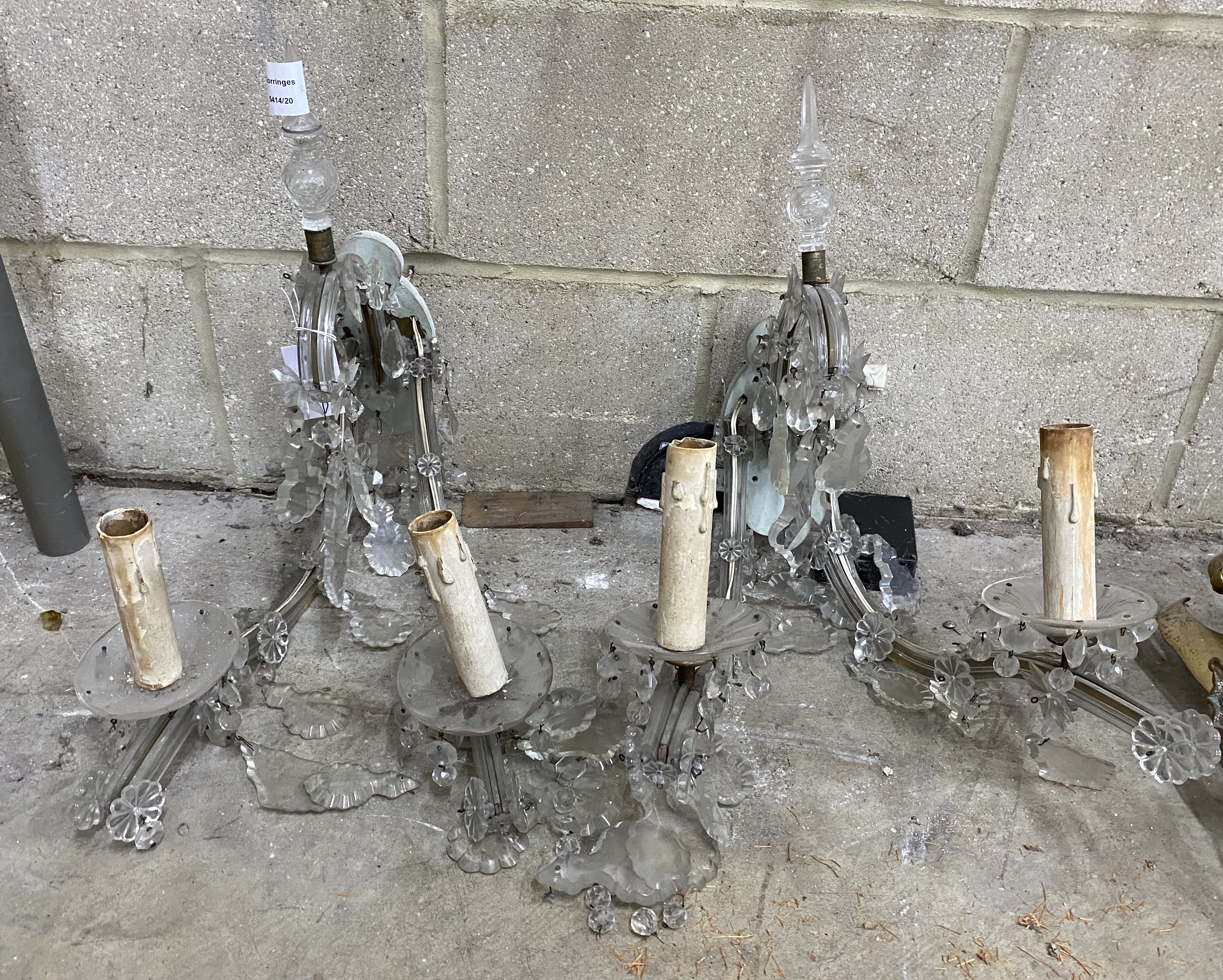 A pair of glass two branch lustre wall lights, height 44cm**CONDITION REPORT**PLEASE NOTE:- - Image 2 of 3