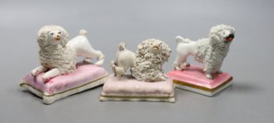 Three Staffordshire porcelain models of poodles, c.1835–50, each on a pink cushion base, largest 7.5