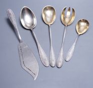 Five items of German 800 standard flatware including a pair of salad serves and a fish slice,