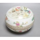 A Chinese famille rose’chickens’ box and cover, possibly Republic period, with mark,13cms high.**