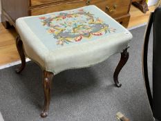 A Victorian rosewood dressing stool, on cabriole legs, length 60cm, depth 46cm, height 46cm**