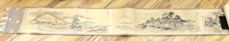 A Japanese landscape painting on paper hand scroll, Edo period, titled views, now in two parts,