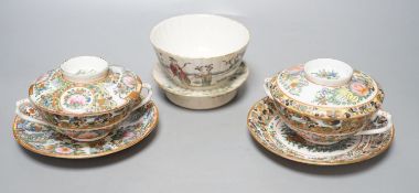 A Chinese porcelain tea bowl and stand and a pair of Cantonese bowls, covers and stands, 14cm