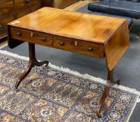 A Regency mahogany and satinwood banded sofa table, width 86cm, depth 60cm, height 67cm**CONDITION