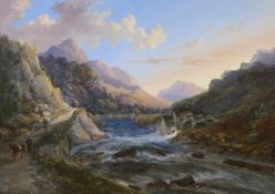 19th century English School, oil on canvas, Travellers alongside a mountain stream, 35 x 49cm**