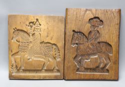 Two elm wooden wall carvings/moulds of men on horseback, one carved to reverse (2)**CONDITION