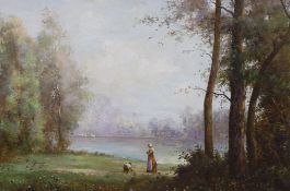 R. Young, oil on canvas, Figures beside a lake, signed, 50 x 75cm**CONDITION REPORT**PLEASE NOTE:-