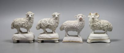 Four Staffordshire porcelain models of sheep, c.1830–50, the largest 7.5 cm longProvenance- Dennis G