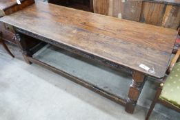 A rectangular planked refectory type dining table, length 190cm, depth 66cm, height 71cm**