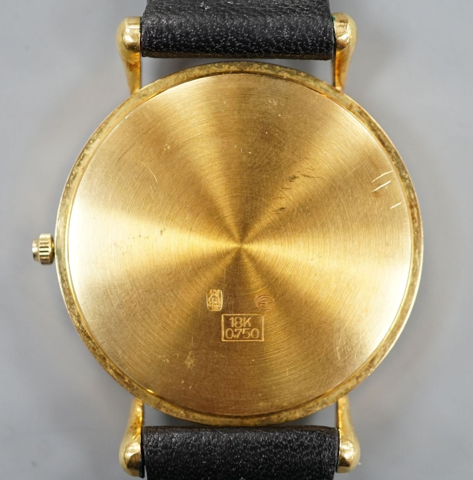 A modern 18k Mathey-Tissot calendar moonphase quartz wrist watch, on a black leather strap, no box - Image 2 of 3