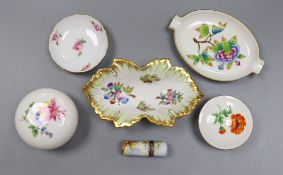 Two Meissen boxes with covers and a dish, two Herend dishes and an enamel on copper scent bottle**