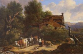 Early 19th century Continental School, oil on wooden panel, Cattle drover in a landscape, 24 x