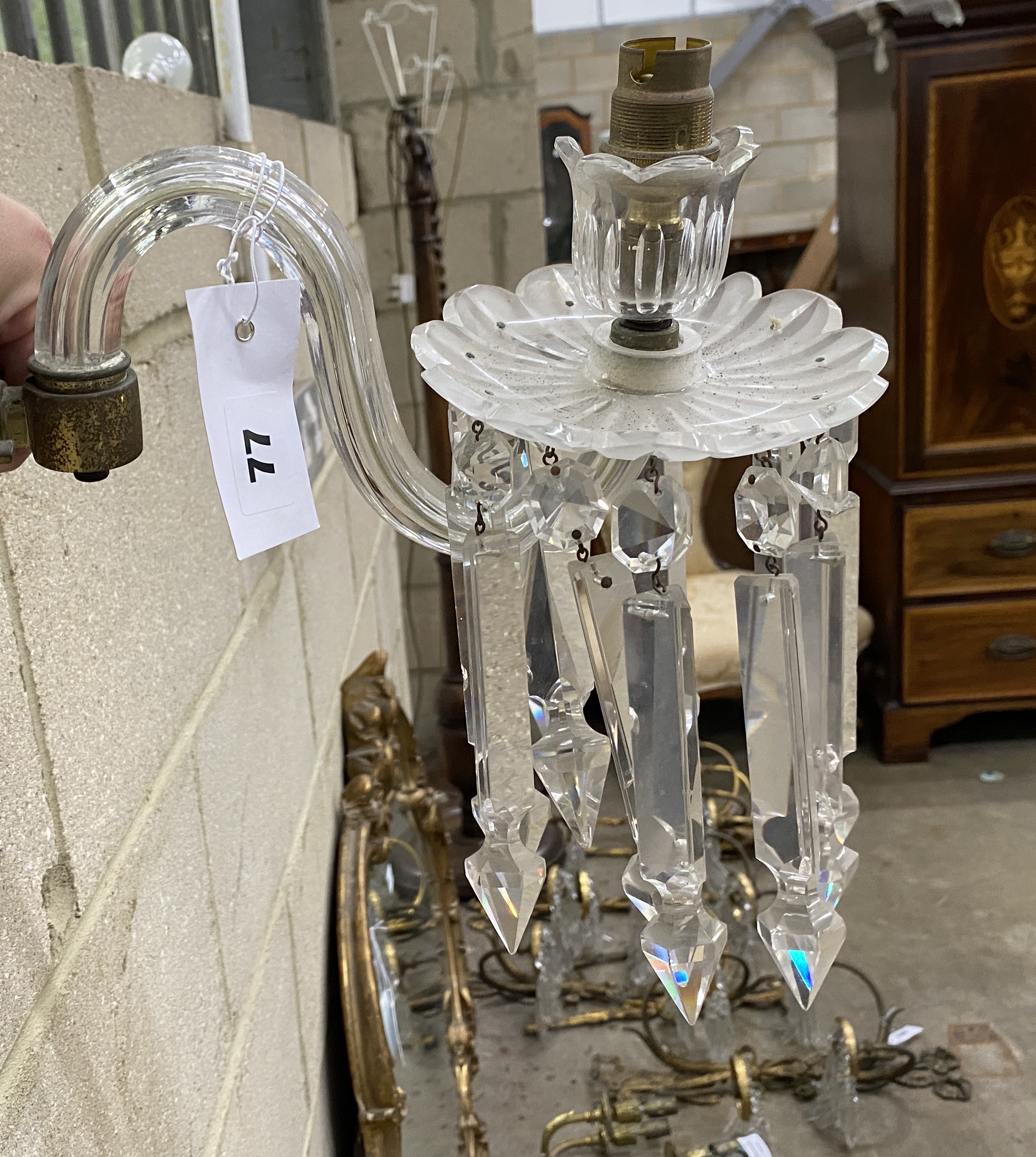 A near pair of glass lustre single branch wall lights, larger 26cm**CONDITION REPORT**PLEASE - Image 2 of 3