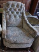 A Victorian walnut upholstered armchair, width 80cm, depth 110cm, height 94cm**CONDITION REPORT**