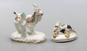 A Staffordshire porcelain model of a Billy goat, 7 cm long and a similar model of a recumbent