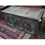 An 18th century carved oak coffer, length 134cm, depth 60cm, height 69cm**CONDITION REPORT**PLEASE