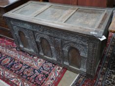 An 18th century carved oak coffer, length 134cm, depth 60cm, height 69cm**CONDITION REPORT**PLEASE