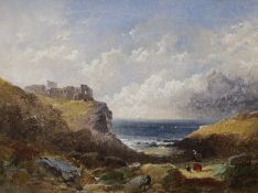 19th century English School, oil on canvas, Coastal landscape with woman, dog and castle ruins, 29 x
