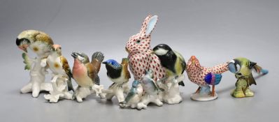 Six Karl Ens porcelain bird models, a Herend red net pattern peacock and a similar rabbit**CONDITION