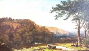 English school (2nd half 19th century), oil on canvas, figures in a river landscape scene, 15 cm X