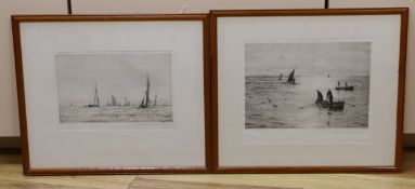 Rowland Langmaid (1897-1956), two etchings, Fishing boats at sea, signed in pencil, 14 x 22cm and 18