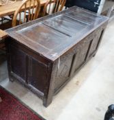 An 18th century carved oak coffer, length 133cm, depth 57cm, height 64cm**CONDITION REPORT**PLEASE