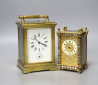 A large French repeating carriage clock with alarm, 16cm. High with handle down and a carriage
