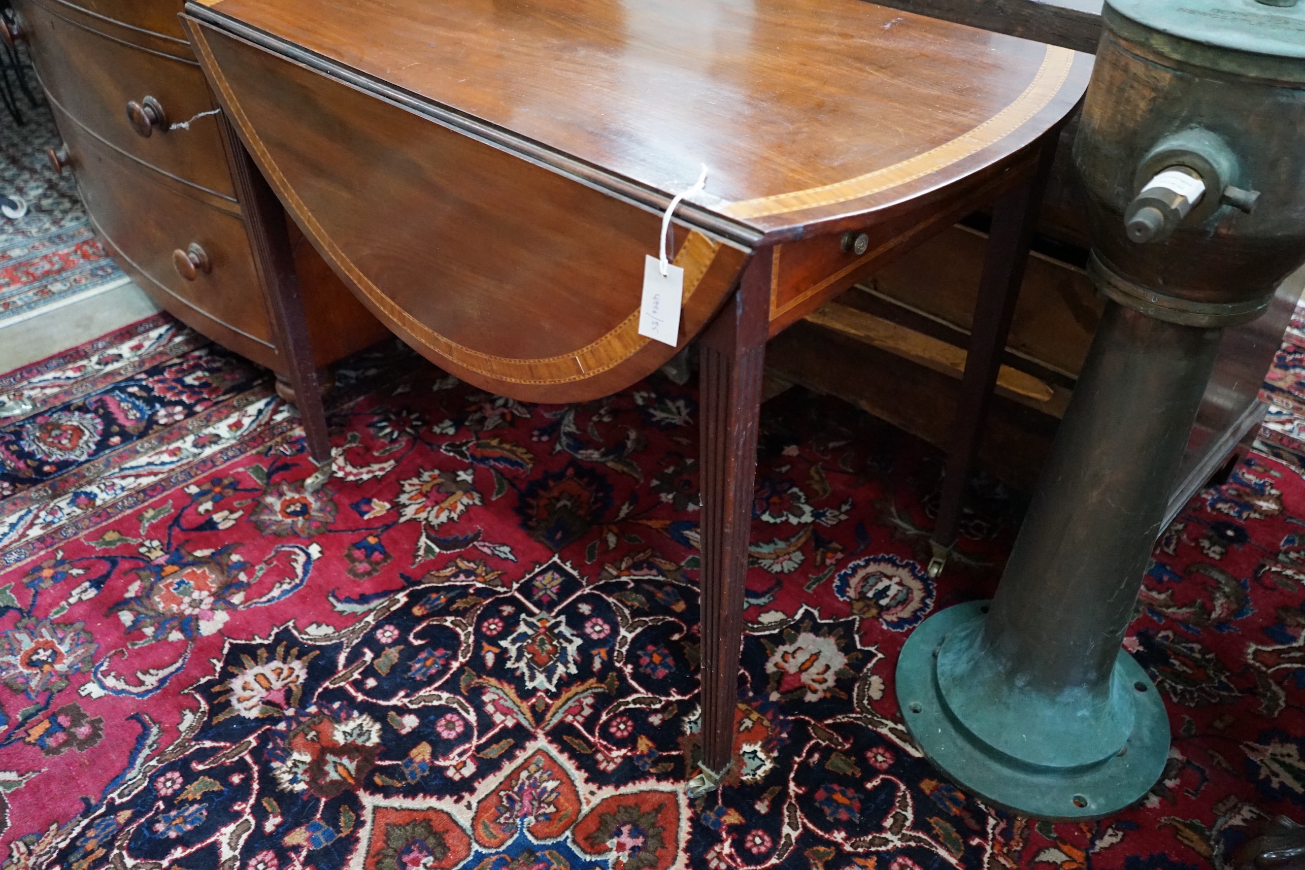 A George III and later satinwood banded mahogany oval Pembroke table, width 99cm, depth 56cm, height - Image 3 of 4