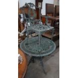 A painted aluminium circular garden table and two chairs, width 80cm, height 69cm**CONDITION