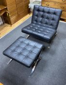 A black leather Barcelona chair, width 77cm, depth 32cm, height 80cm and an ottoman**CONDITION