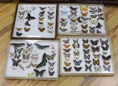Four cases of exotic World butterfly specimens, many with collection labels for 1970s to c.1990,