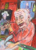 Matthew Collings (1955-), mixed media on card, 'Guston Paints Dylan ...', signed, inscribed and