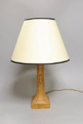 A carved oak Mouseman table lamp and shade, total height 45cm