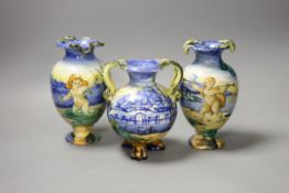 A pair of Italian maiolica vases, by Cantagalli and a similar two handled vase, cockerel marks,