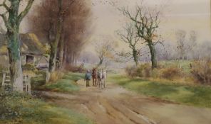 Henry Charles Fox (1860-1925), watercolour, Horses on a country lane, signed, 35 x 56cm