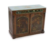 A Regency rosewood side cabinet, inset with painted Welsh slate panels, the slate top later