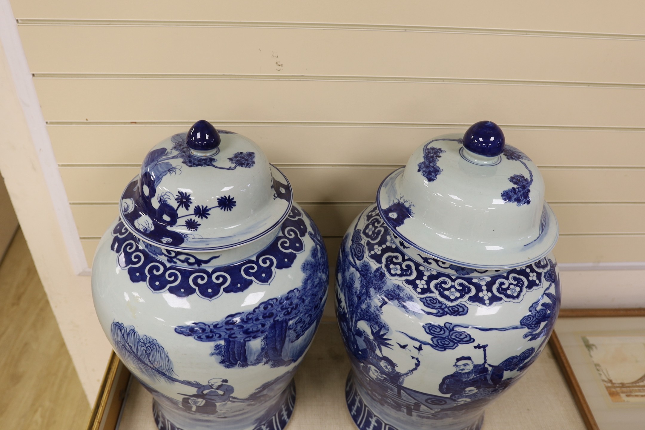 A pair of large Chinese blue and white jars and covers, 75 cms high. - Image 3 of 3