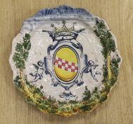 An Italian maiolica armorial dish, Savona, 19th century, hangman mark, 44cm diameter