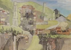 Attributed to Francis Rose (1909-1979), ink and watercolour, 'Colliery ruins in a landscape', 53 x