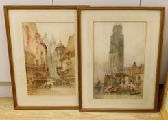Paul Marny (1829-1914), pair of watercolours, Rouen cathedral scenes, signed, 47 x 30cm